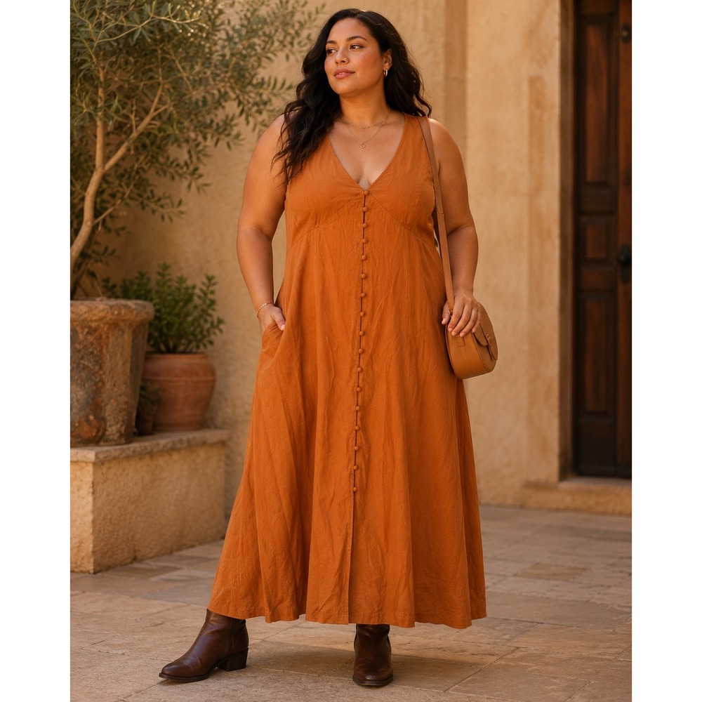 The Drop Blanca XXL Burnt Orange Linen Maxi Dress Fall Boho Cottagecore